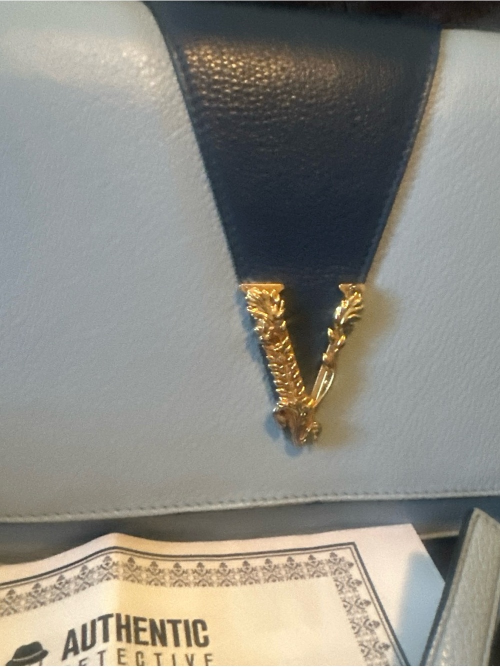 Versace Virtus Navy and Light Blue Leather Shoulder/Crossbody Bag EUC COA